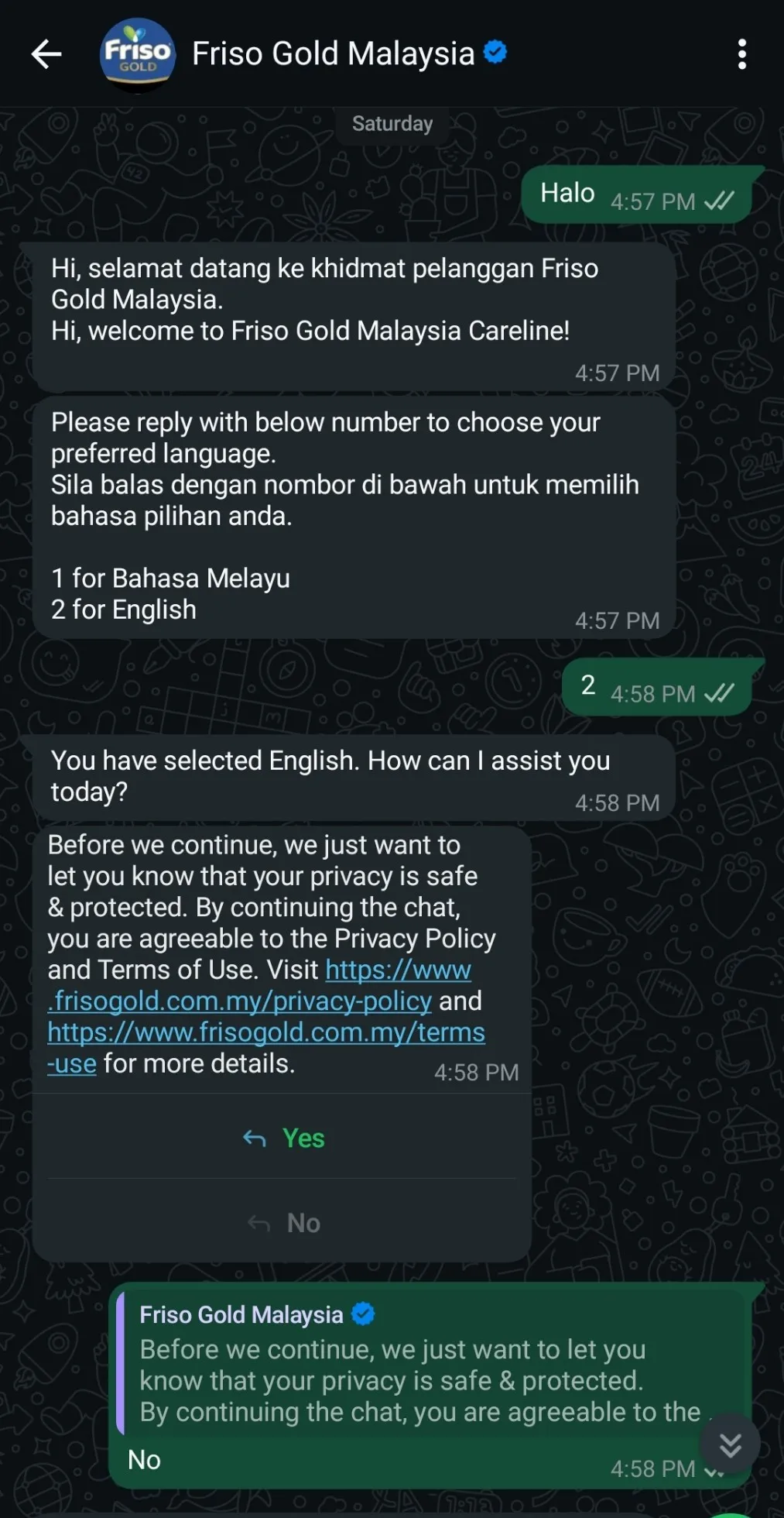 Screenshot of Frisian Flag Malaysia Chatbot