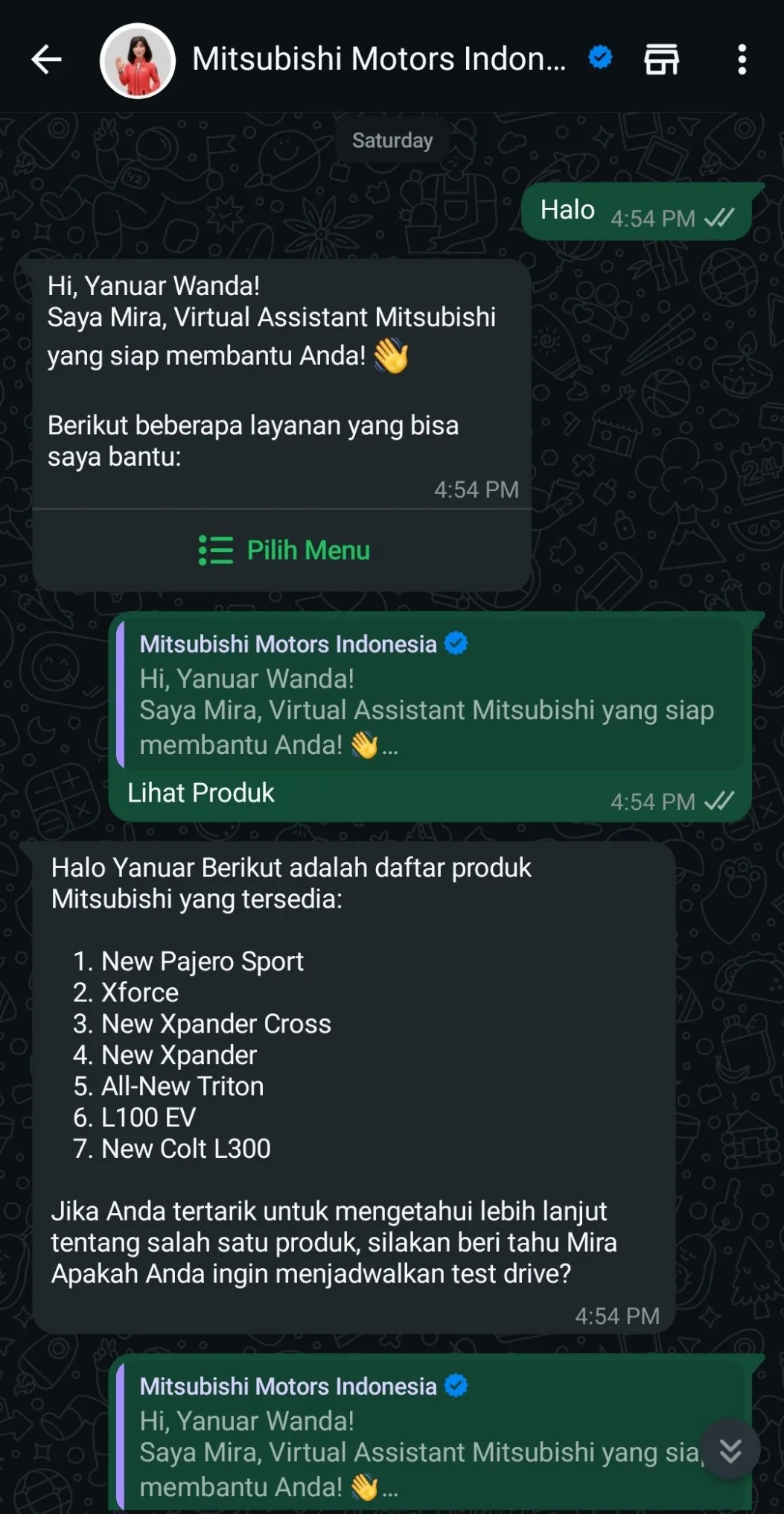 Screenshot of Mira - Mitsubishi Chatbot